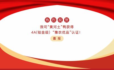 【喜報】—我司黃河土鴨獲4A(鉑金級）“豫農(nóng)優(yōu)品”認證！